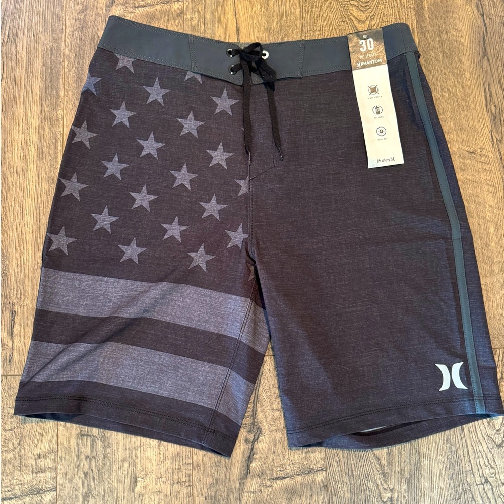 Hurley Black Board Shorts with Subtle Star and Stripe Design
